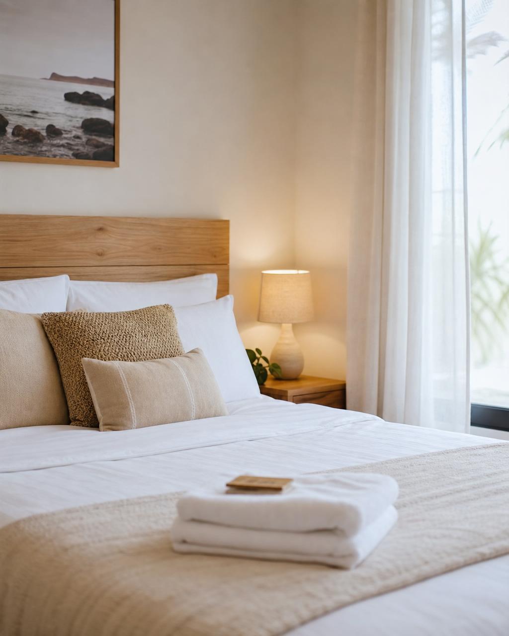 A freshly turned-over bedroom prepared for the next guest